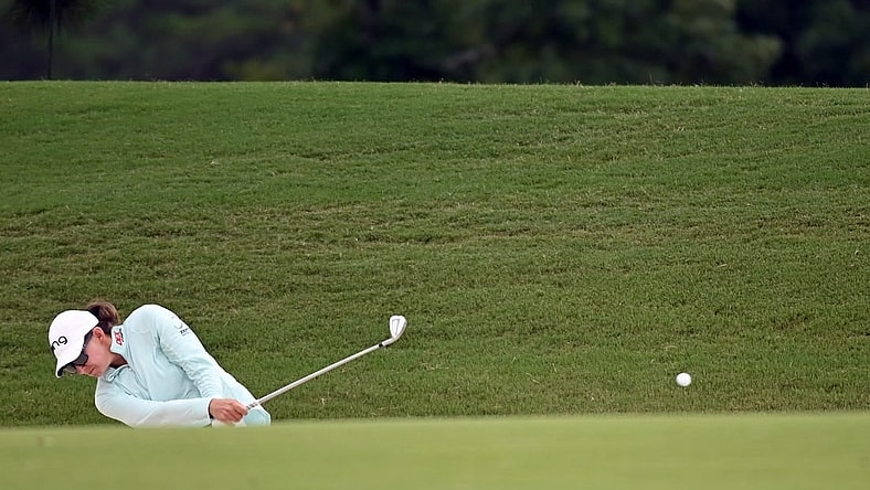 Jun 25, 2021; John's Creek, Georgia, USA; Elizabeth Szokol plays a shot from the ninth fairway during the second round of the KPMG Women's PGA Championship golf tournament at the Atlanta Athletic Club. Mandatory Credit: Adam Hagy-USA TODAY Sports