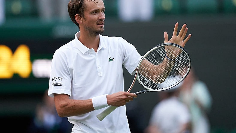 Jul 3, 2021; London, United Kingdom;  Daniil Medvedev (RUS) seen celebrating after beating Marin Cilic (CRO) on No 1 court in the men s third round at All England Lawn Tennis and Croquet Club. Mandatory Credit: Peter van den Berg-USA TODAY Sports