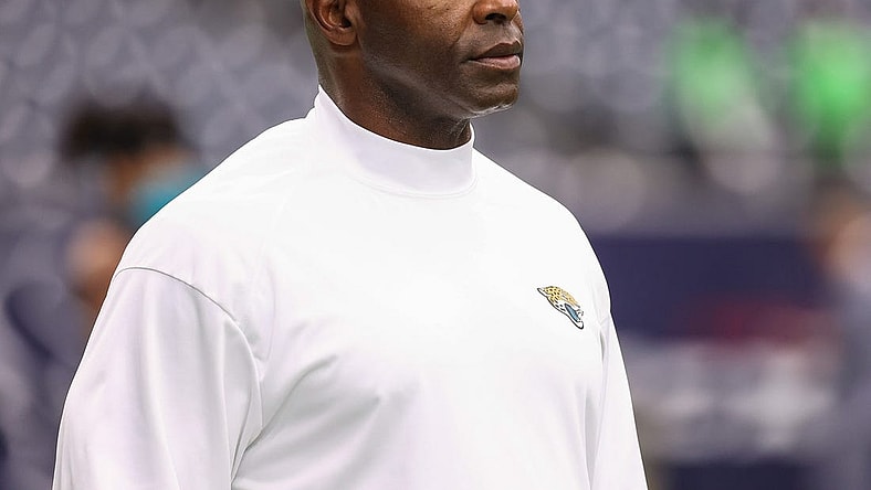 Sep 12, 2021; Houston, Texas, USA; Jacksonville Jaguars inside linebackers coach Charlie Strong looks on before the game against the Houston Texans at NRG Stadium. Mandatory Credit: Troy Taormina-USA TODAY Sports