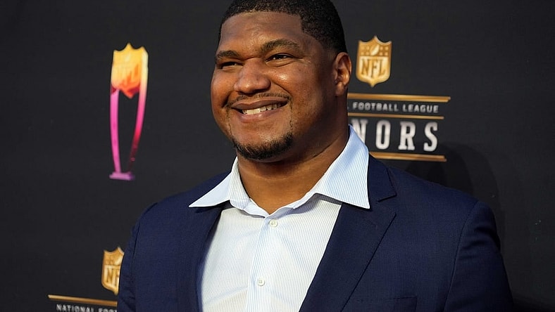Feb 10, 2022; Los Angeles, CA, USA; Calais Campbell appears on the red carpet prior to the NFL Honors awards presentation at YouTube Theater. Mandatory Credit: Kirby Lee-USA TODAY Sports