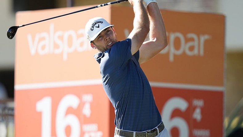 Mar 20, 2022; Palm Harbor, Florida, USA; Sam Burns tees off on the 16th hole during the final round of the Valspar Championship golf tournament. Mandatory Credit: Jasen Vinlove-USA TODAY Sports