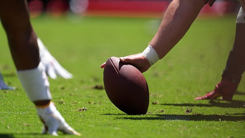 Apr 23, 2022; Los Angeles, CA, USA; A general overall view of the line of scrimmage as Southern California Trojans center Andrew Milek snaps the ball during the spring game at the Los Angeles Memorial Coliseum. Mandatory Credit: Kirby Lee-USA TODAY Sports