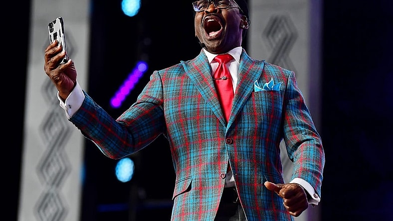 Apr 28, 2022; Las Vegas, NV, USA; Hall of famer Michael Irvin on stage before the first round of the 2022 NFL Draft at the NFL Draft Theater. Mandatory Credit: Gary Vasquez-USA TODAY Sports