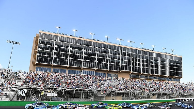 Jul 10, 2022; Hampton, Georgia, USA; General view of turn 4 during the Quaker State 400 at Atlanta Motor Speedway. Mandatory Credit: Adam Hagy-USA TODAY Sports