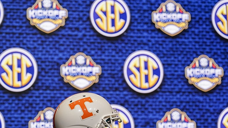 Jul 21, 2022; Atlanta, GA, USA; The Tennessee helmet shown on the stage during SEC Media Days at the College Football Hall of Fame. Mandatory Credit: Dale Zanine-USA TODAY Sports