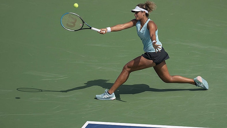 Aug 15, 2022; Cincinnati, OH, USA;  Mayar Sherif (EGY) returns a shot during her match against Elena Rybakina (KAZ) at the Western & Southern at the Lindner Family Tennis Center. Mandatory Credit: Susan Mullane-USA TODAY Sports