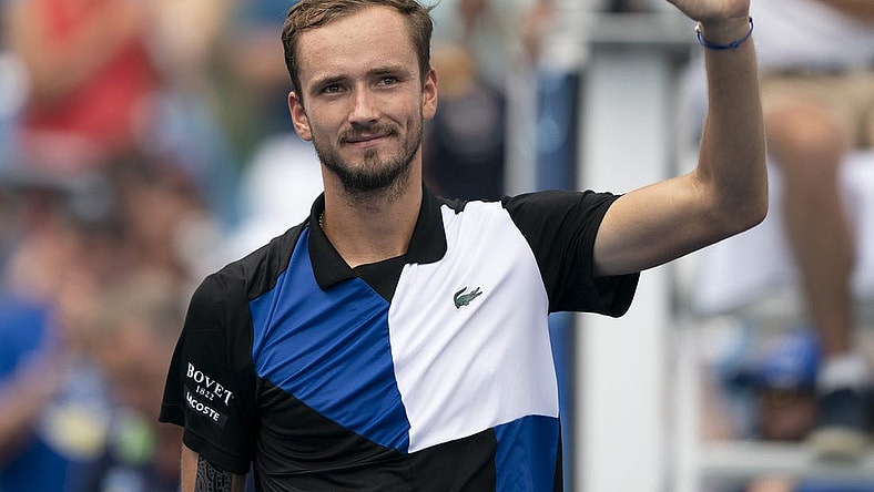 Aug 19, 2022; Cincinnati, OH, USA; Daniil Medvedev (RUS) celebrates winning his match against Taylor Fritz (USA) at the Western & Southern Open at the Lindner Family Tennis Center. Mandatory Credit: Susan Mullane-USA TODAY Sports