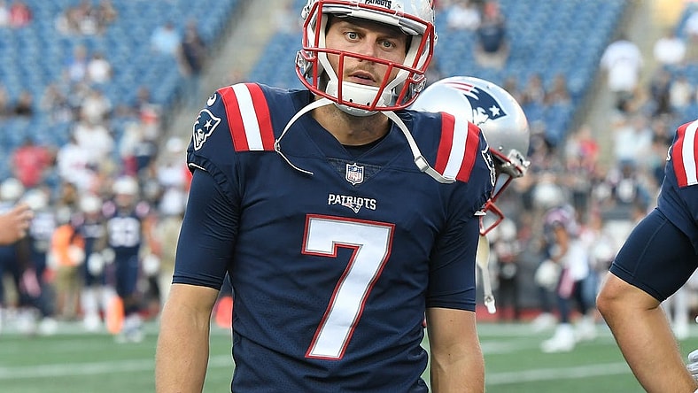 Aug 19, 2022; Foxborough, Massachusetts, USA; New England Patriots punter Jake Bailey (7) warms up before a preseason game against the Carolina Panthers at Gillette Stadium. Mandatory Credit: Eric Canha-USA TODAY Sports