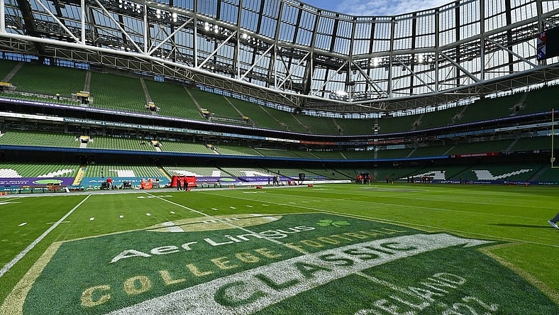 Aug 27, 2022; Dublin, IRELAND;  A general view of event branding on the pitch before the Aer Lingus college football series game between the Nebraska Cornhuskers and Northwestern Wildcats at Aviva Stadium. Mandatory Credit: Brendan Moran-USA TODAY Sports