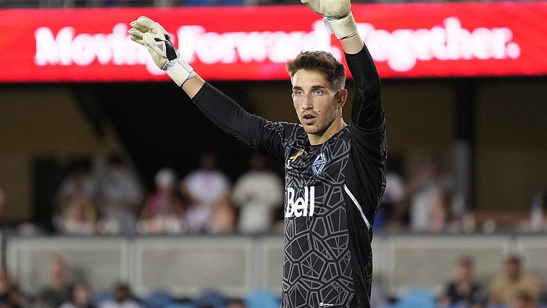 Sep 4, 2022; San Jose, California, USA; Vancouver Whitecaps goalkeeper Thomas Hasal (1) gestures during the second half against the San Jose Earthquakes at PayPal Park. Mandatory Credit: Darren Yamashita-USA TODAY Sports