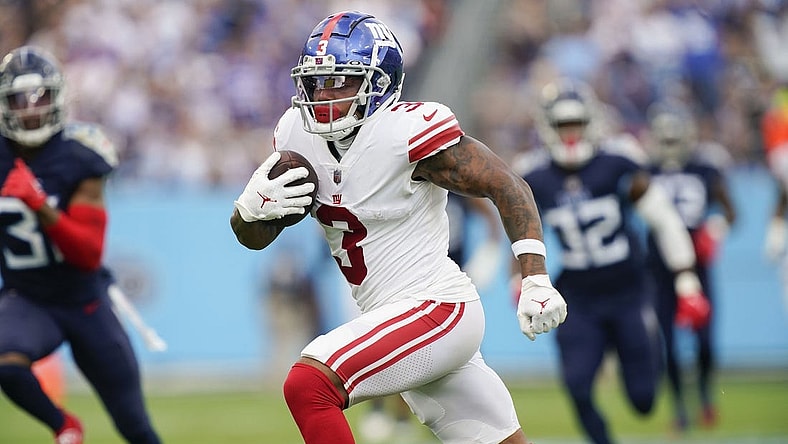 Sep 11, 2022; Nashville, Tennessee, USA; New York Giants wide receiver Sterling Shepard (3) runs in a touchdown during the third quarter at Nissan Stadium. Mandatory Credit: George Walker IV-USA TODAY Sports
