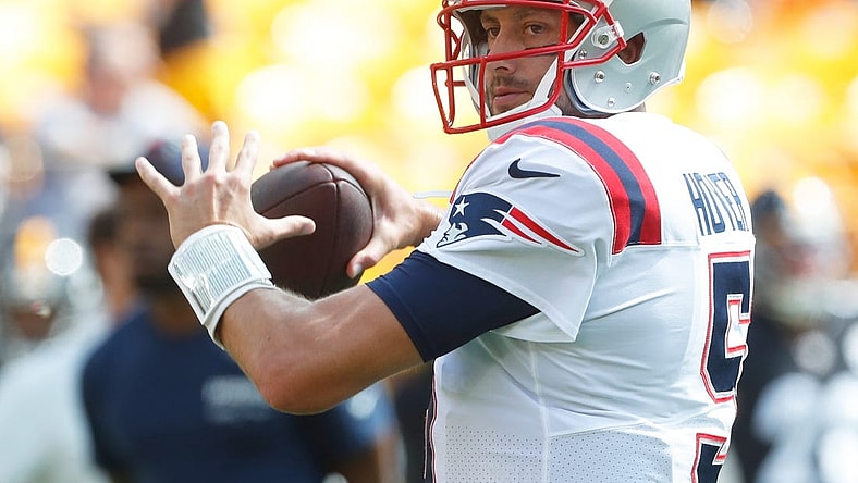Sep 18, 2022; Pittsburgh, Pennsylvania, USA;  New England Patriots quarterback Brian Hoyer (5) warms up before the game against the Pittsburgh Steelers at Acrisure Stadium. Mandatory Credit: Charles LeClaire-USA TODAY Sports