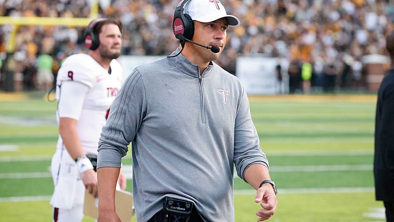 Sep 17, 2022; Boone, North Carolina, USA; Troy Trojans head coach Jon Sumrall on the sidelines against the Appalachian State Mountaineers during the second half at Kidd Brewer Stadium. Mandatory Credit: Reinhold Matay-USA TODAY Sports