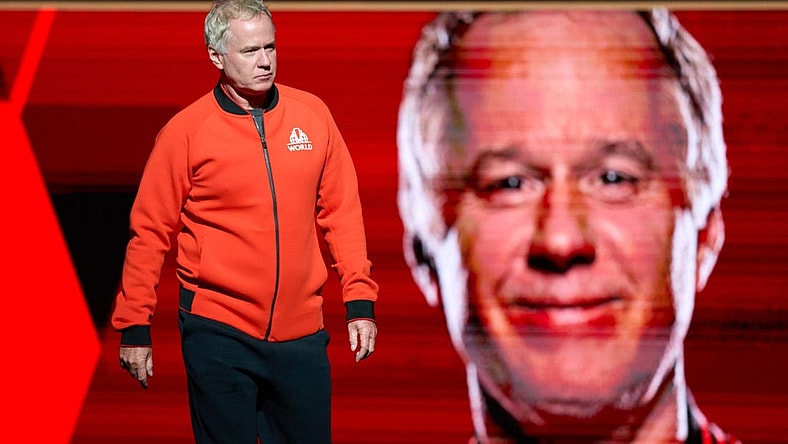 Sep 23, 2022; London, United Kingdom;  Patrick McEnroe, vice captain of Team World arrives on court for the opening of the Laver Cup tennis event.  Mandatory Credit: Peter van den Berg-USA TODAY Sports