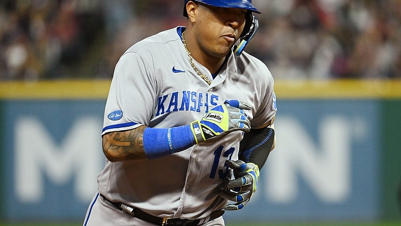 Oct 1, 2022; Cleveland, Ohio, USA; Kansas City Royals catcher Salvador Perez (13) rounds the bases after hitting a home run during the seventh inning against the Cleveland Guardians at Progressive Field. Mandatory Credit: Ken Blaze-USA TODAY Sports
