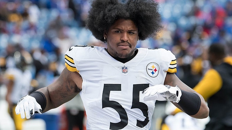 Oct 9, 2022; Orchard Park, New York, USA; Pittsburgh Steelers linebacker Devin Bush (55) warms up before a game against the Buffalo Bills at Highmark Stadium. Mandatory Credit: Mark Konezny-USA TODAY Sports
