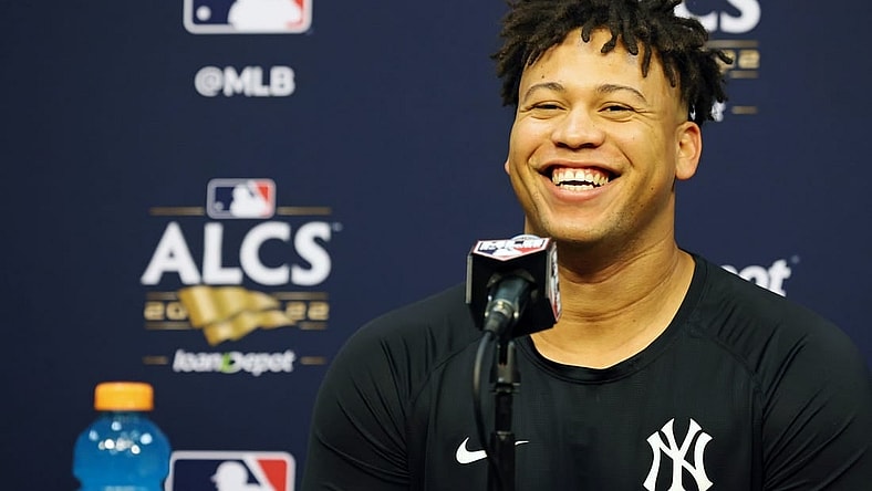 Oct 19, 2022; Houston, Texas, USA; New York Yankees pitcher Frankie Montas (47) talks to media during a press conference before game one of the ALCS for the 2022 MLB Playoffs against the Houston Astros at Minute Maid Park. Mandatory Credit: Thomas Shea-USA TODAY Sports