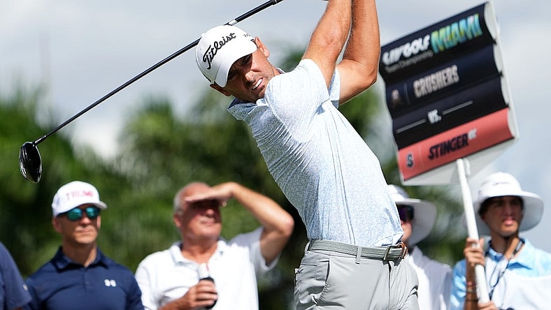 Oct 29, 2022; Miami, Florida, USA; Charles Howell III tees off on the 17th hole during the second round of the season finale of the LIV Golf series at Trump National Doral. Mandatory Credit: Jasen Vinlove-USA TODAY Sports