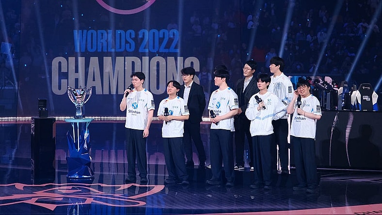 Nov 5, 2022; San Francisco, California, USA; DRX on stage after winning the League of Legends World Championships against T1 at Chase Center. Mandatory Credit: Kelley L Cox-USA TODAY Sports