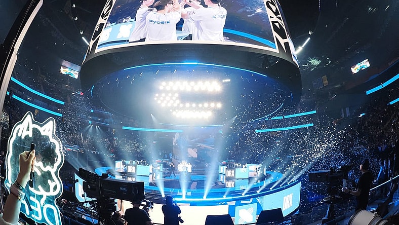 Nov 5, 2022; San Francisco, California, USA; DRX players hold up the Summoner's Cup Worlds 2022 trophy after the win against T1 in the League of Legends World Championships at Chase Center. Mandatory Credit: Kelley L Cox-USA TODAY Sports