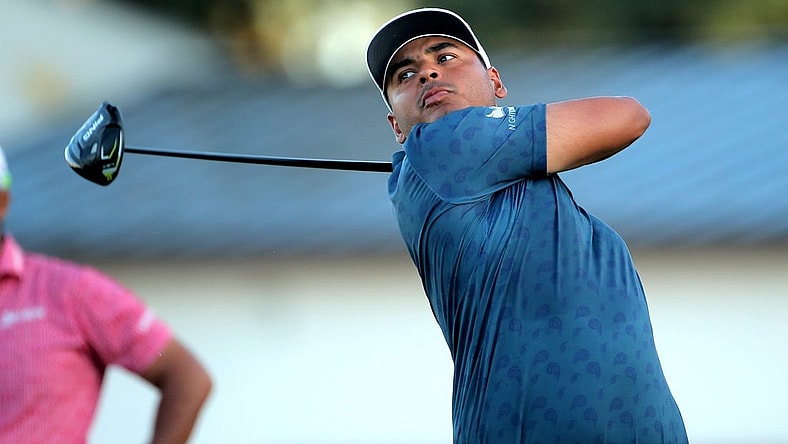 Nov 10, 2022; Houston, Texas, USA; Sebastian Munoz of Colombia takes a tee shot at the first hole during the first round of the Cadence Bank Houston Open golf tournament. Mandatory Credit: Erik Williams-USA TODAY Sports