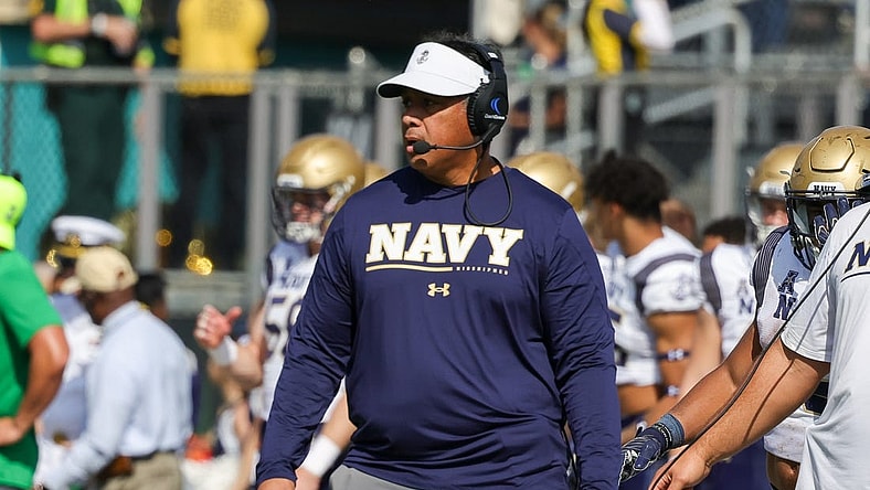 Nov 19, 2022; Orlando, Florida, USA; Navy Midshipmen head coach Ken Niumatalolo looks on during the second quarter against the UCF Knights at FBC Mortgage Stadium. Mandatory Credit: Mike Watters-USA TODAY Sports