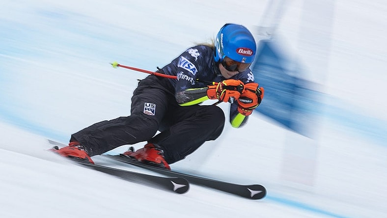 Nov 25, 2022; Killington, Vermont, USA;  Mikaela Shiffrin of the United States during training for the Audi FIS Killington World Cup at Killington Resort. Mandatory Credit: Erich Schlegel-USA TODAY Sports