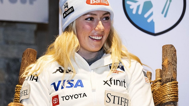 Nov 25, 2022; Killington, Vermont, USA;  Mikaela Shiffrin of the United States speaks at a press conference before the Audi FIS Killington World Cup at Killington Resort. Mandatory Credit: Erich Schlegel-USA TODAY Sports