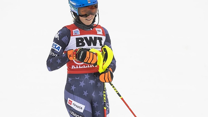 Nov 27, 2022; Killington, Vermont, USA; Mikaela Shiffrin of the United States finished 4th in the slalom race in the FIS alpine skiing World Cup at Killington Resort. Mandatory Credit: Erich Schlegel-USA TODAY Sports