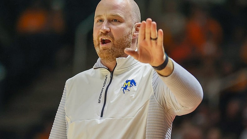 Nov 30, 2022; Knoxville, Tennessee, USA; McNeese State Cowboys head coach John Aiken during the game against the Tennessee Volunteers at Thompson-Boling Arena. Mandatory Credit: Randy Sartin-USA TODAY Sports