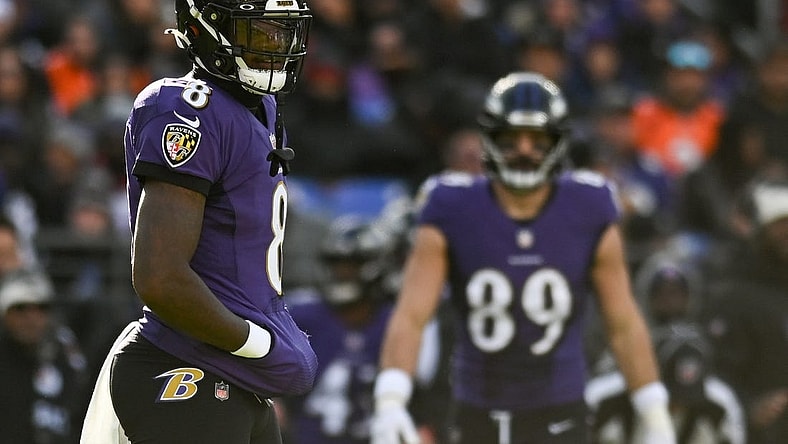 Dec 4, 2022; Baltimore, Maryland, USA;  Baltimore Ravens quarterback Lamar Jackson (8) stands on the field during the first quarter against the Denver Broncos at M&T Bank Stadium. Mandatory Credit: Tommy Gilligan-USA TODAY Sports