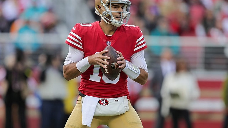 Dec 4, 2022; Santa Clara, California, USA; San Francisco 49ers quarterback Jimmy Garoppolo (10) during the game against the Miami Dolphins at Levi's Stadium. Mandatory Credit: Sergio Estrada-USA TODAY Sports