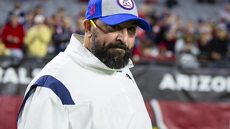 Dec 12, 2022; Glendale, Arizona, USA; New England Patriots offensive line coach Matt Patricia against the Arizona Cardinals at State Farm Stadium. Mandatory Credit: Mark J. Rebilas-USA TODAY Sports