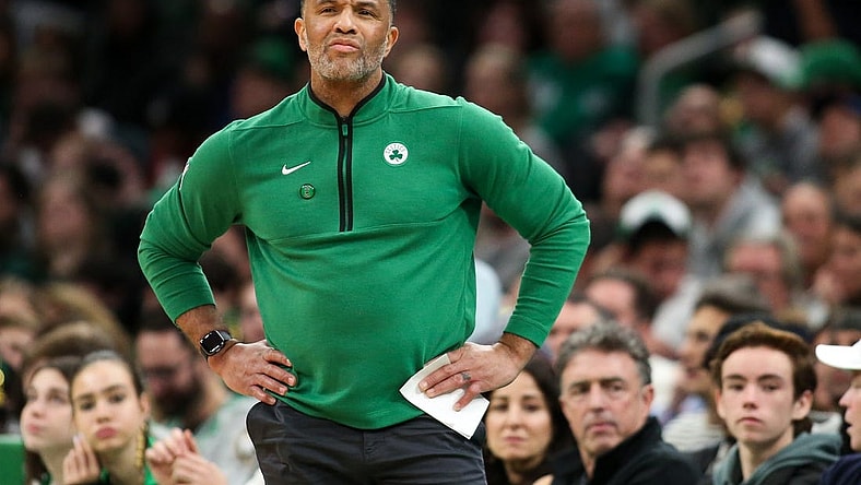 Dec 27, 2022; Boston, Massachusetts, USA; Boston Celtics assistant coach Damon Stoudamire reacts during the first half against the Houston Rockets at TD Garden. Mandatory Credit: Paul Rutherford-USA TODAY Sports