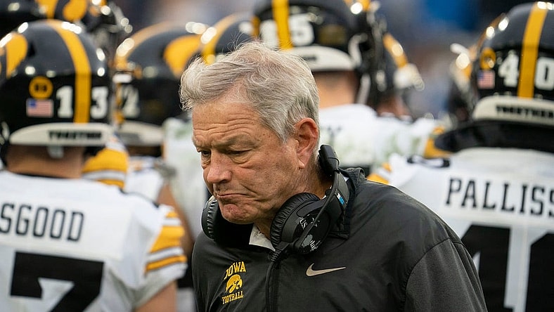 Iowa head coach Kirk Ferentz walks to the sideline during a timeout in the third quarter of the TransPerfect Music City Bowl game against Kentucky at Nissan Stadium Saturday, Dec. 31, 2022, in Nashville, Tenn. Iowa defeated Kentucky 21 to 0 in the first shutout in bowl history.

Ncaa Football Music City Bowl Iowa At Kentucky