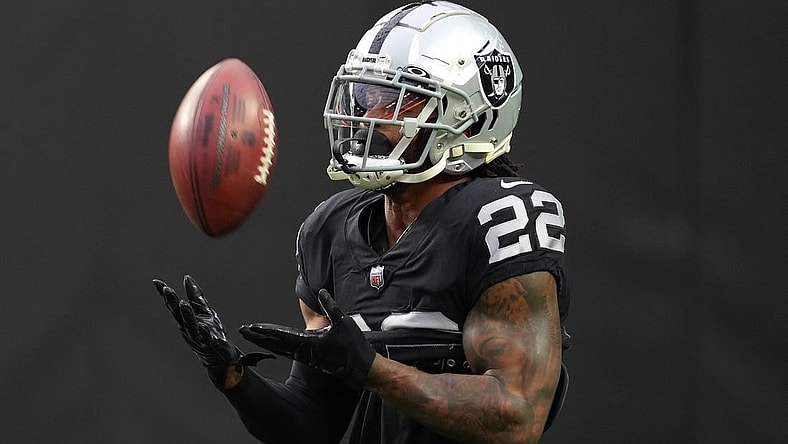 Jan 1, 2023; Paradise, Nevada, USA; Las Vegas Raiders running back Ameer Abdullah (22) warms up before a game against the San Francisco 49ers at Allegiant Stadium. Mandatory Credit: Stephen R. Sylvanie-USA TODAY Sports