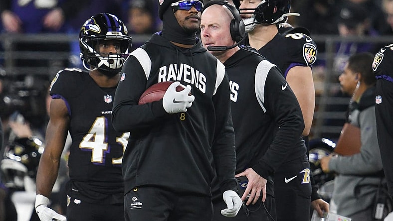 Jan 1, 2023; Baltimore, Maryland, USA;  Baltimore Ravens quarterback Lamar Jackson (8) stands on the sideline during the first half against the Pittsburgh Steelers at M&T Bank Stadium. Mandatory Credit: Tommy Gilligan-USA TODAY Sports