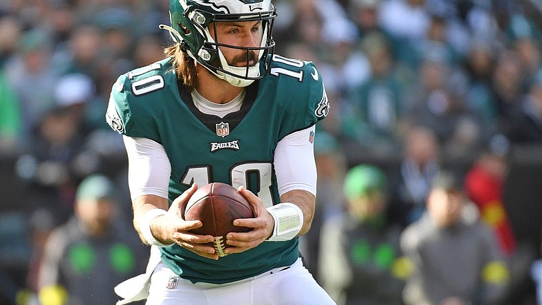 Jan 1, 2023; Philadelphia, Pennsylvania, USA; Philadelphia Eagles quarterback Gardner Minshew (10) against the New Orleans Saints at Lincoln Financial Field. Mandatory Credit: Eric Hartline-USA TODAY Sports