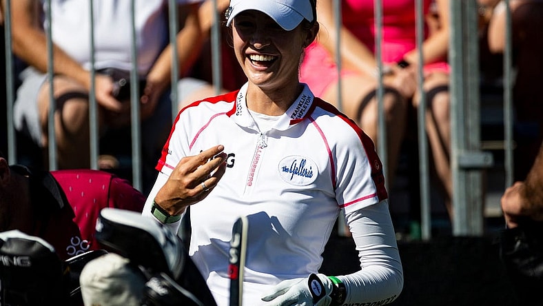 Nelly Korda  plays during the first round of the QBE Shootout at Tiburon Golf Club at the Ritz Carlton in Naples on Friday, Dec. 9, 2022. She was paired with Denny McCarthy.  They shot -12.

Qbe005