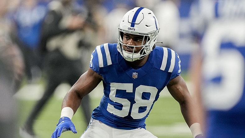 Jan 8, 2023; Indianapolis, Indiana, USA; Indianapolis Colts linebacker Bobby Okereke (58) warms up Sunday, Jan. 8, 2023, before a game against the Houston Texans at Lucas Oil Stadium. Mandatory Credit: Robert Scheer-USA TODAY Sports