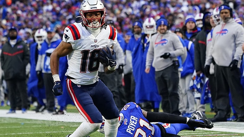 Jan 8, 2023; Orchard Park, New York, USA; New England Patriots wide receiver Jakobi Meyers (16) runs with the ball against the Buffalo Bills during the second half at Highmark Stadium. Mandatory Credit: Gregory Fisher-USA TODAY Sports