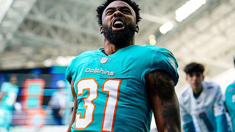 Jan 8, 2023; Miami Gardens, Florida, USA; Miami Dolphins running back Raheem Mostert (31) enters the field prior to a game against the New York Jets at Hard Rock Stadium. Mandatory Credit: Rich Storry-USA TODAY Sports