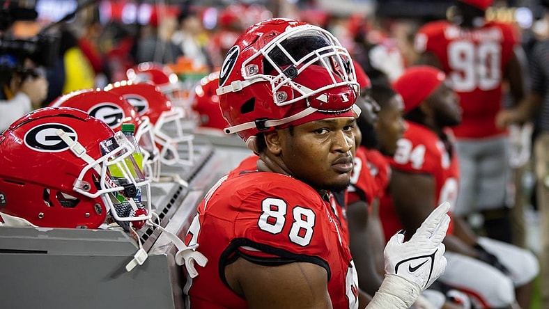 Jan 9, 2023; Inglewood, CA, USA; Georgia Bulldogs defensive lineman Jalen Carter (88) against the TCU Horned Frogs during the CFP national championship game at SoFi Stadium. Mandatory Credit: Mark J. Rebilas-USA TODAY Sports