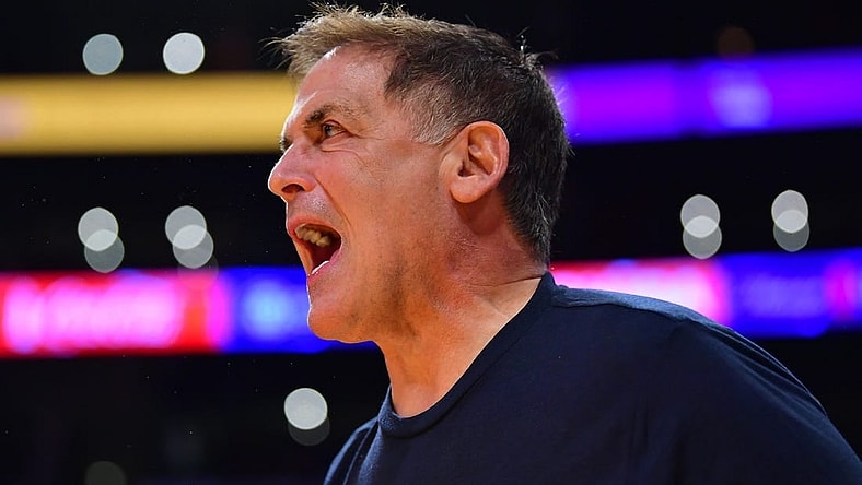 Jan 12, 2023; Los Angeles, California, USA; Dallas Mavericks owner Mark Cuban watches game action against the Los Angeles Lakers during overtime at Crypto.com Arena. Mandatory Credit: Gary A. Vasquez-USA TODAY Sports
