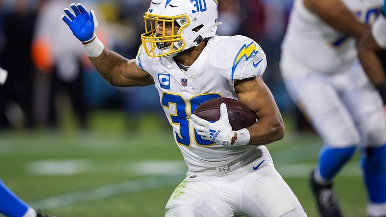 Jan 14, 2023; Jacksonville, Florida, USA; Los Angeles Chargers running back Austin Ekeler (30) against the Jacksonville Jaguars during a wild card playoff game at TIAA Bank Field. Mandatory Credit: Mark J. Rebilas-USA TODAY Sports
