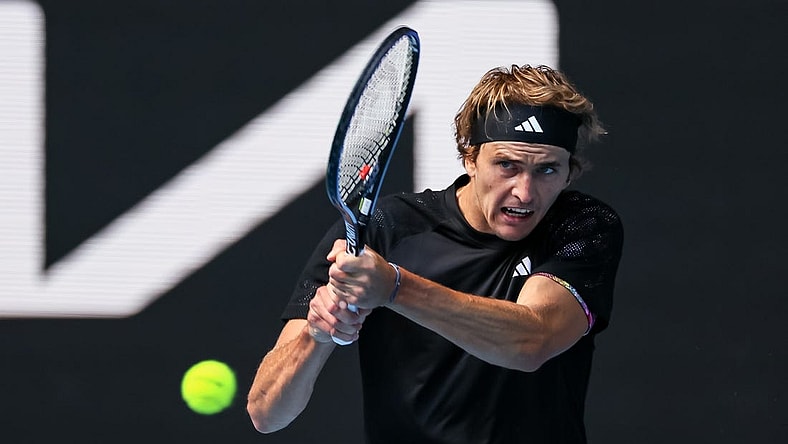 Jan 19, 2023; Melbourne, VICTORIA, Australia; Alexander Zverev from Germany during his second round match against Michael Mmoh from the United States on day four of the 2023 Australian Open tennis tournament at Melbourne Park. Mandatory Credit: Mike Frey-USA TODAY Sports