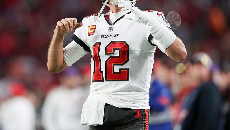 Jan 16, 2023; Tampa, Florida, USA; Tampa Bay Buccaneers quarterback Tom Brady (12) takes the field before a wild card game against the Dallas Cowboys at Raymond James Stadium. Mandatory Credit: Nathan Ray Seebeck-USA TODAY Sports