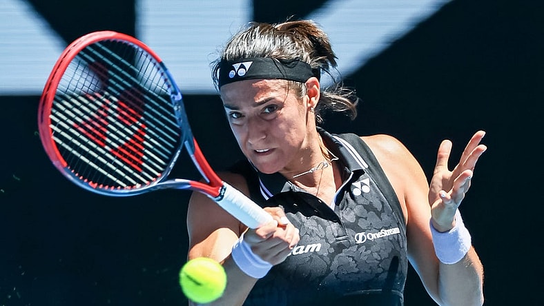 Jan 23, 2023; Melbourne, Victoria, Australia; Caroline Garcia from France during her round four match against Magda Linette from Poland on day eight of the 2023 Australian Open tennis tournament at Melbourne Park. Mandatory Credit: Mike Frey-USA TODAY Sports