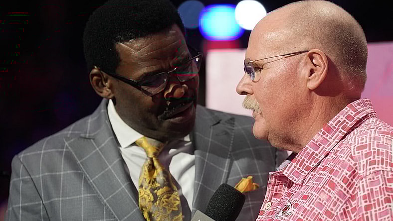 Feb 6, 2023; Phoenix, AZ, USA; Kansas City Chiefs head coach Andy Reid speaks with NFL Network reporter Michael Irvin during Super Bowl Opening Night at Footprint Center. Mandatory Credit: Joe Camporeale-USA TODAY Sports