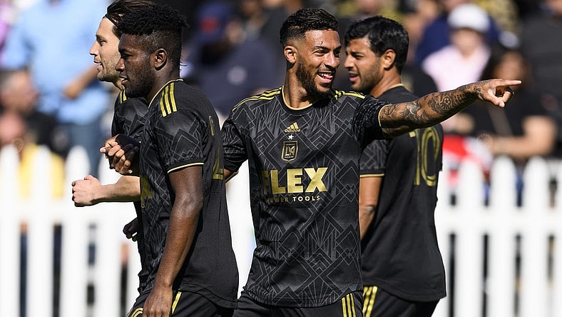 Feb 11, 2023; Indio, CA, USA; LAFC Denis Bouanga celebrates his goal against Toronto FC at Empire Polo Club. Mandatory Credit: Kelvin Kuo-USA TODAY Sports